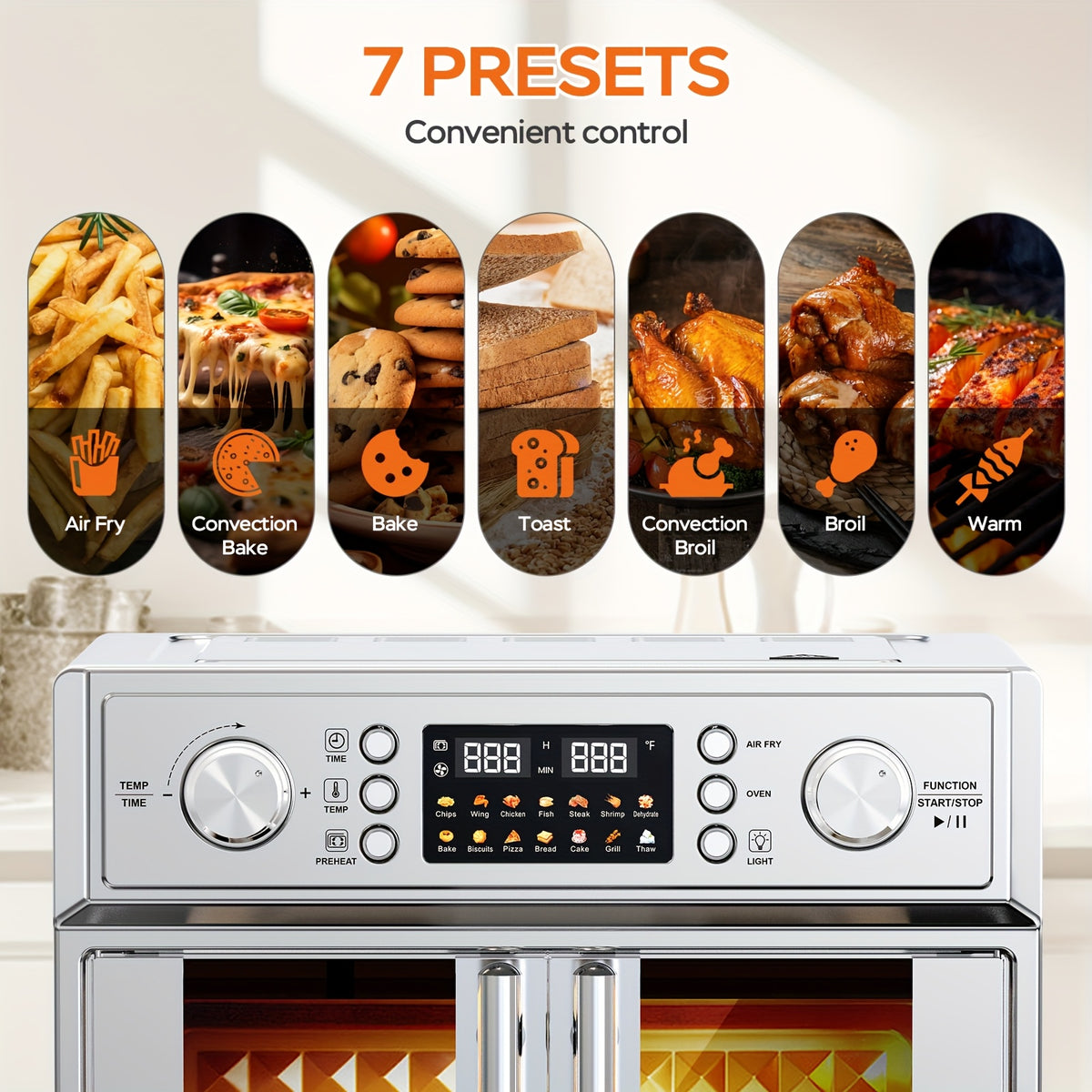 Plumchef 29.5QT Large Capacity French Double-Door Air Fryer Convection Toaster Oven - 1700W, 14 Preset Menus, 7-In-1 Multi-Function (Bake Roast Grill Toast Dehydrate Defrost), Stainless Steel, Silvery