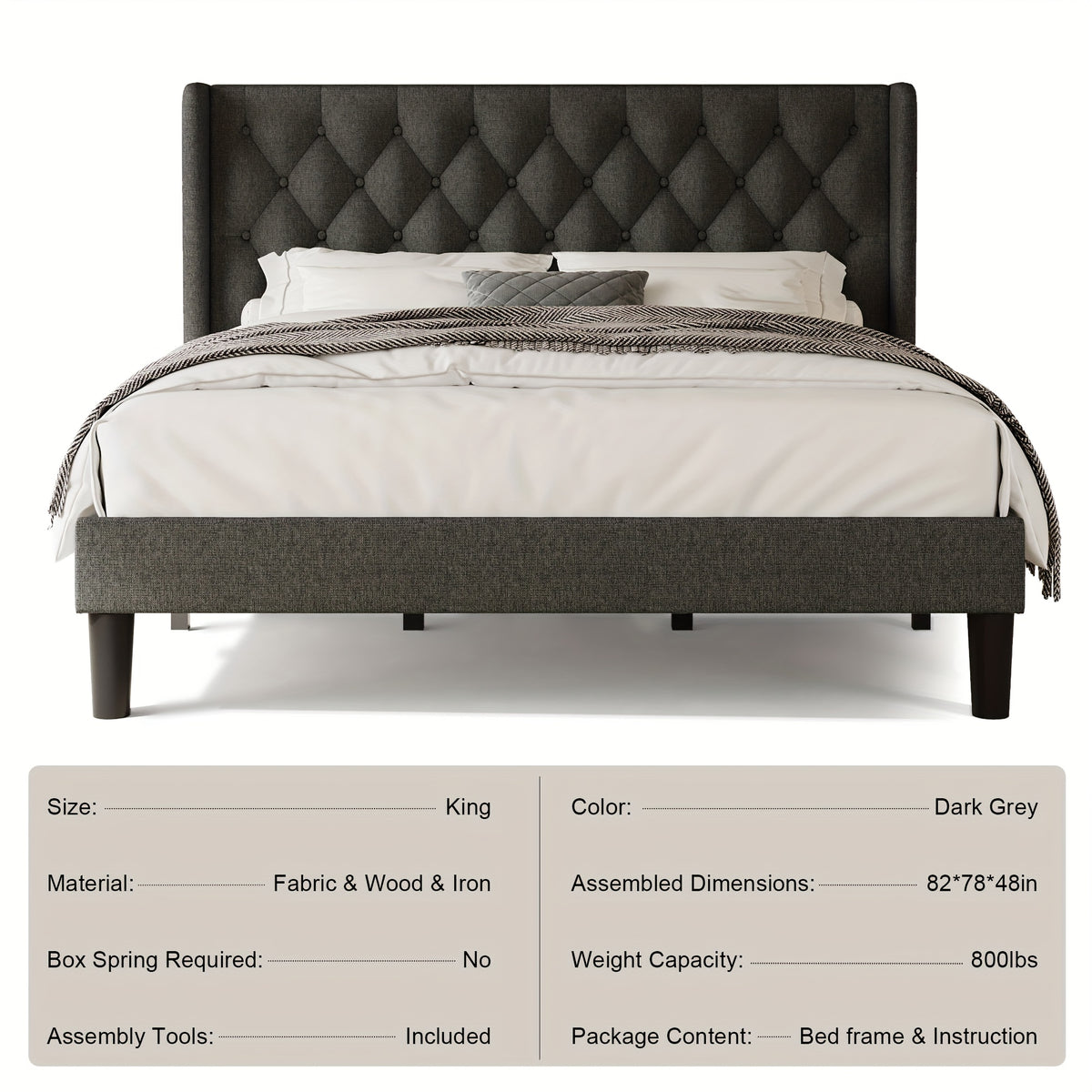 Valnase Modern Style Platform Bed Frame with 24"H Button Tufted Headboard, Solid Wood Slats Support, Artistic Legs Design - Dark Grey/Light Grey/Black Linen & White Velvet Options, Bed Frame for Home Bedroom