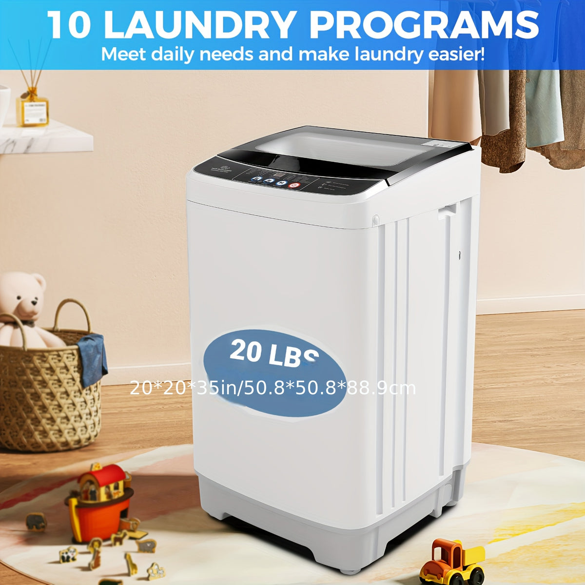 Portable Washing Machine 17.8Lbs/20Lbs Capacity, 2.4 Cu.Ft Full-Automatic Portable Washer Machine with 10 Programs And 8 Water Levels Selections, Low Noise, LED Display, Washing Machine for Apartment, Home, Dorms