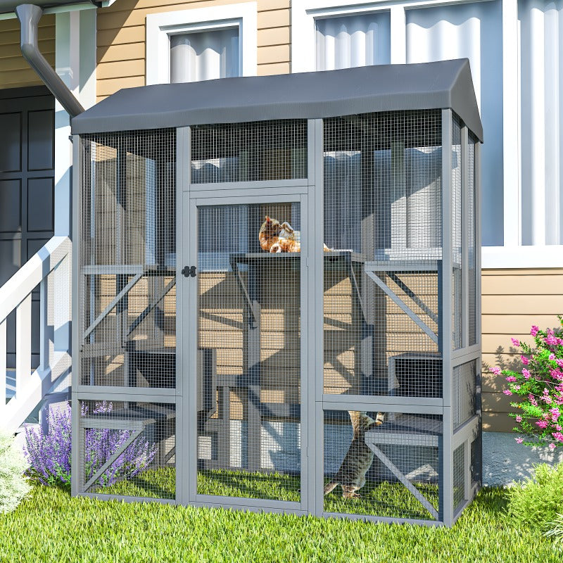 74 Inch Catio Outdoor Cat Enclosure, Large Cat House for Mulitiple Cats Walk In Cat Cage with Cover And Sunshine Panel Roof, Feral Cat Shelter with 7 Platforms And 2 Resting Box
