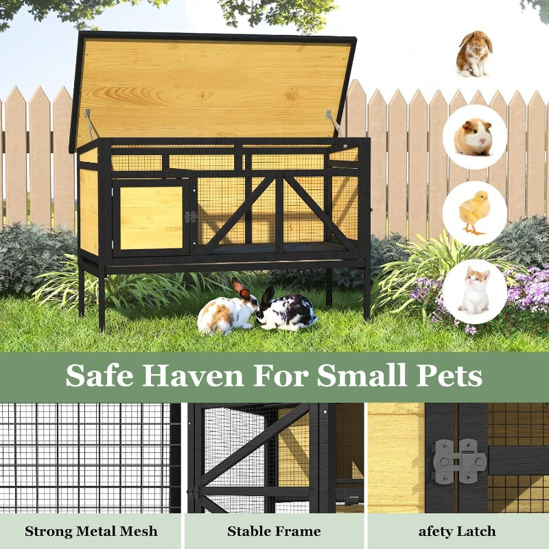 46.7" Elevated Rabbit Cage, Fir Wood Small Animal House - Indoor & Outdoor Rabbit Hutch, Bunny Cage for Guinea Pig, Wooden Design with Removable Tray, Asphalt Roof & Bottom Wire Mesh for Small-Medium Animals