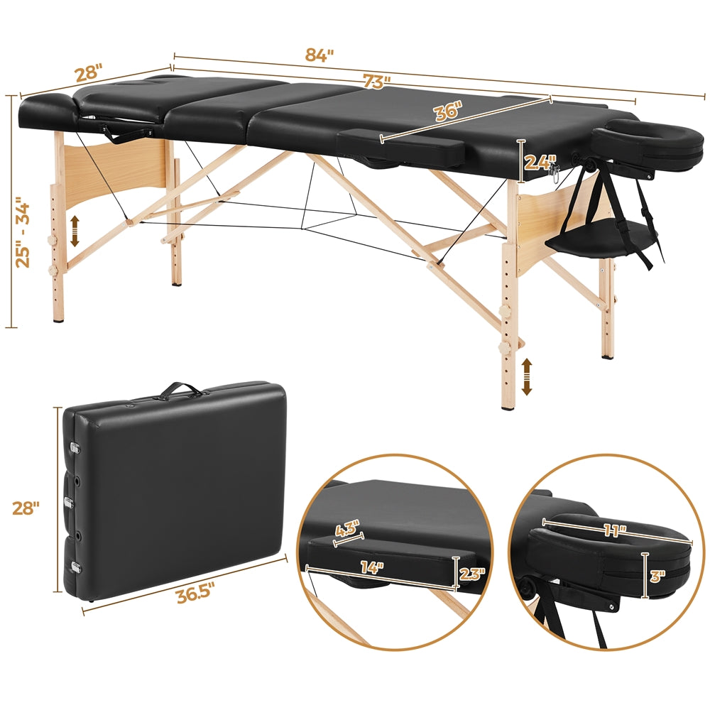 Costoffs Adjustable Massage Table Professional Portable Massage Bed Multi-function Spa Table with Carrying Bag and Bolster, Black