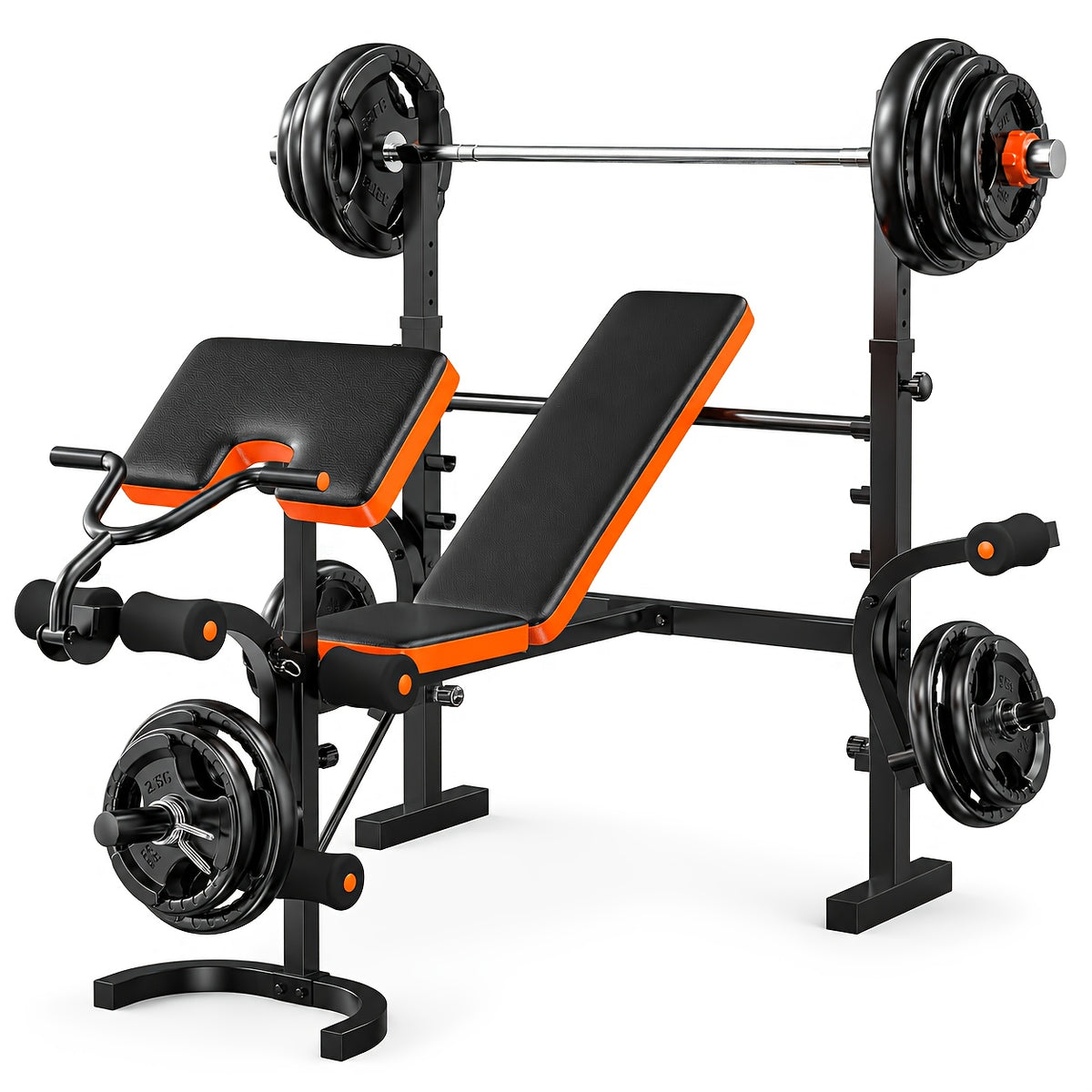 6-In-1 Professional Fitness Bench Set for Leg Extension, All-In-One Adjustable Weight Bench Full Body Strength Training, with Squat Rack, for leg Developer & Preacher Curl Pad, Ideal for Home Gym Use (Barbell Not Included)