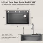 33x22 INCH Nano Black Flying Rain Drop In Stainless Steel Watefall Kitchen Sink Single Bowl with Pull Down Faucet Set Accessories Included