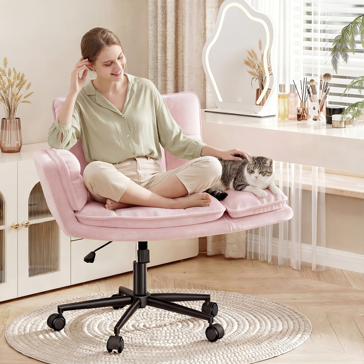 Modern Office Crossover Wheelchair, Luxurious Plush Vanity Chair with Wheels, Adjustable Armrests, Ergonomic Office Chair Suitable for Bedrooms, Computer Makeup Rooms, And Offices, Available in White, Black, Pink, And Gray, Stable And Durable