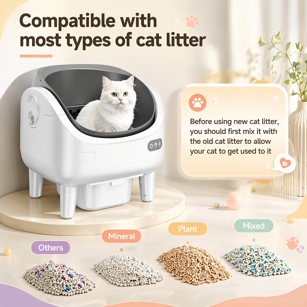 [Self-Cleaning Litter Box] Extra-Large Smart Self-Cleaning Litter Box with Built-In Sterilizing Light for Double Deodorization, Large-Capacity Waste Tray, 14-Day Automatic Cleaning, Open Design, Ideal Choice for Busy Households, Without Battery