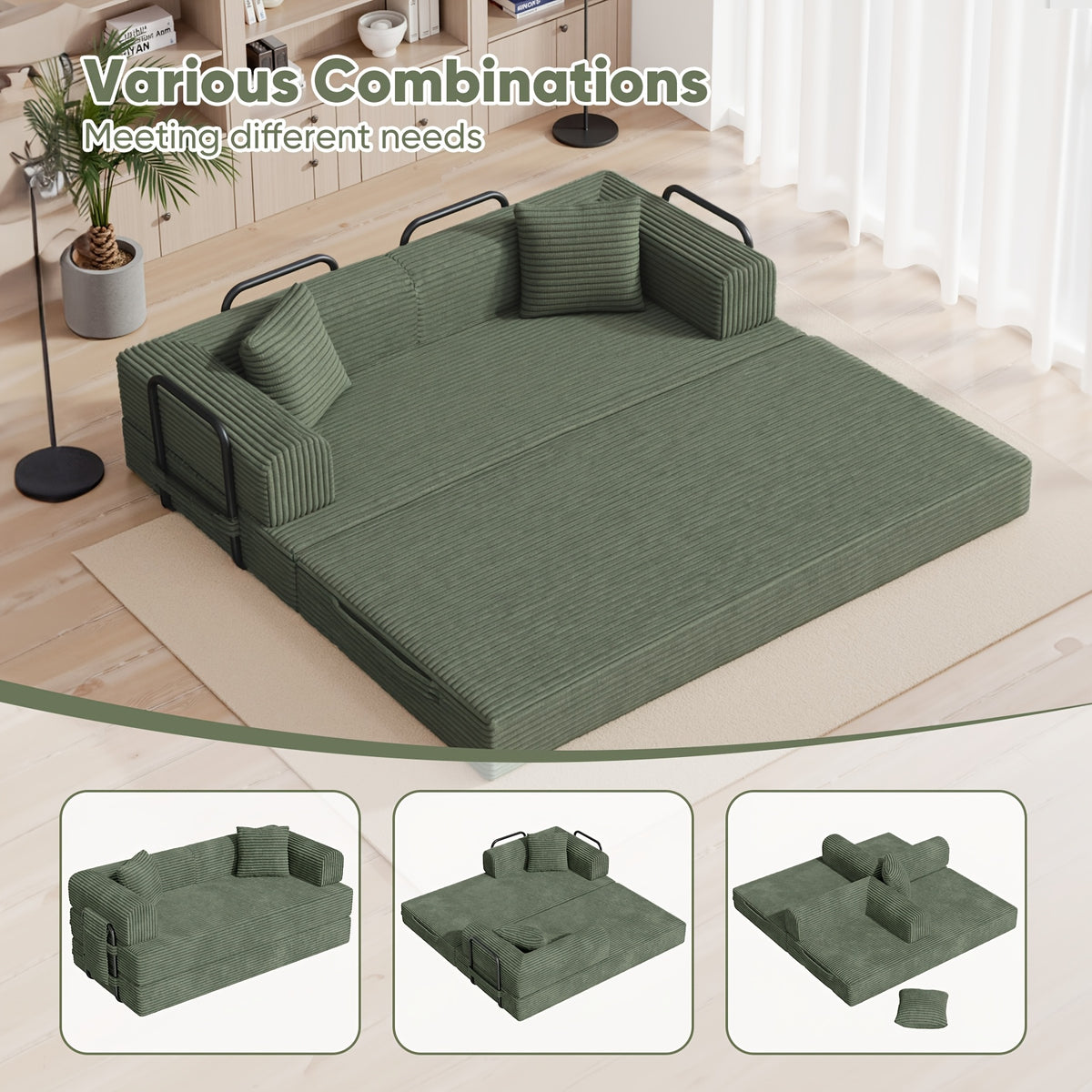 81"Convertible Floor Sleeper Sofa Bed - 3-Person Space-Saving Love Seat with Pull-Out Bed, Corduroy Boneless Compression Memory Foam, Comfy Lounge Couch for Living Room, Bedroom, Apartment, Office, No Assembly Required