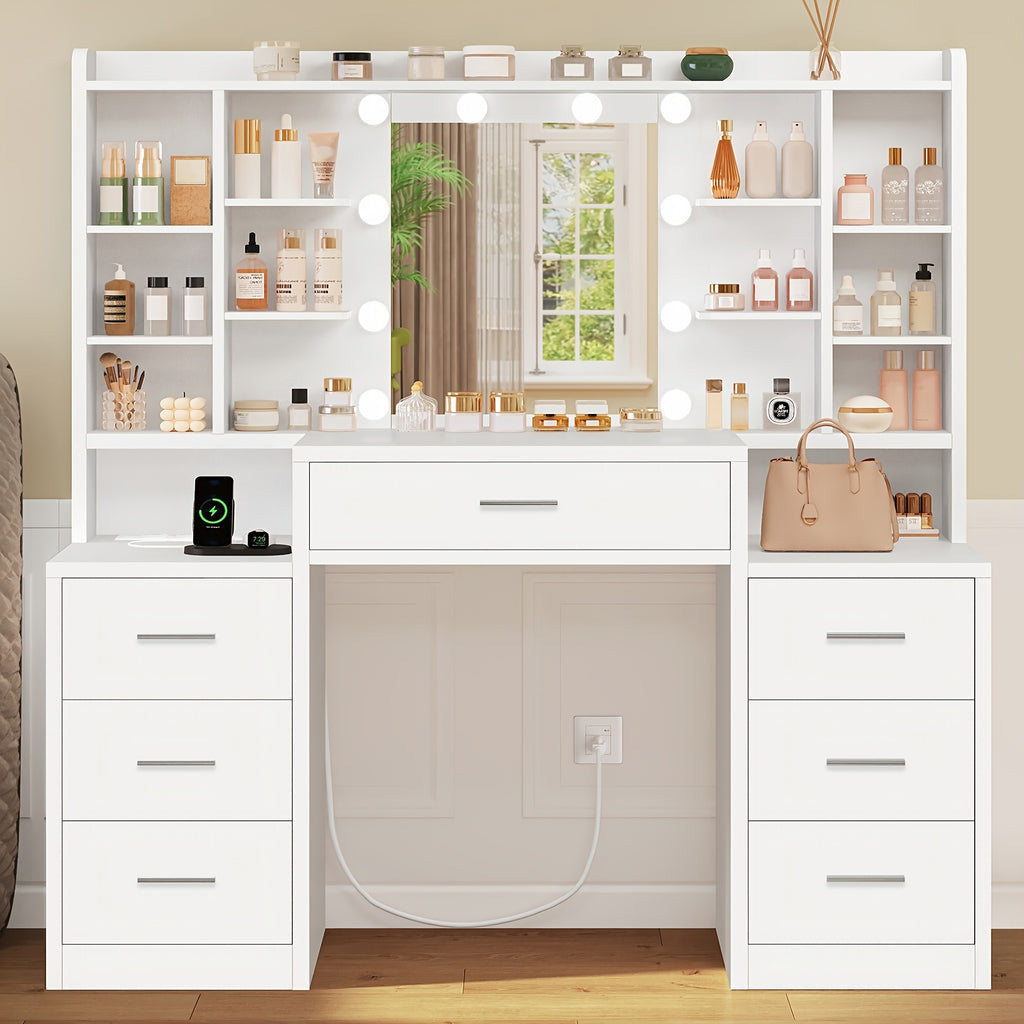 Makeup Vanity Table with LED Mirror | Vanity Desk with 7 Drawers and 8 Storage Shelves, Classic Finish, Bedroom Use