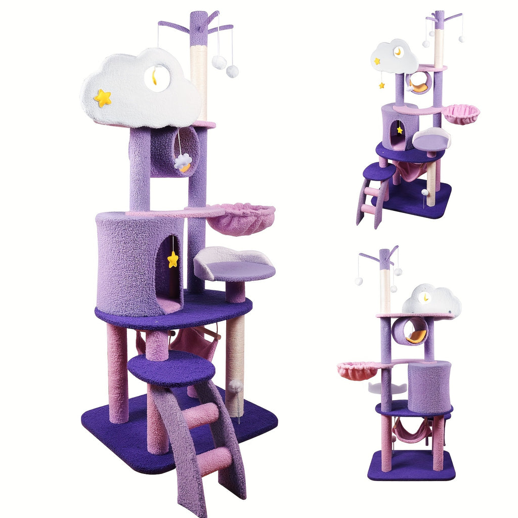 65in Cat Tree Cute for Indoor Cats Pink Moon Cat Tree Tower with Scratching Post, Hammock And Condo Large Tall Cat Tree for Kittens Cats