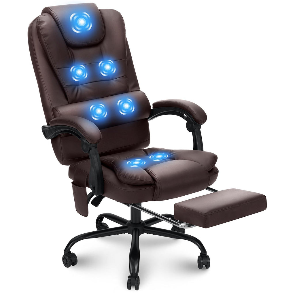 Office Chair Designed for Executives Featuring a 7-Point Massage System, Lumbar Support, And a Swivel Base. It Has a High Back Made of Leather And Includes a Reclining Footrest, Suitable for Home Office Use.