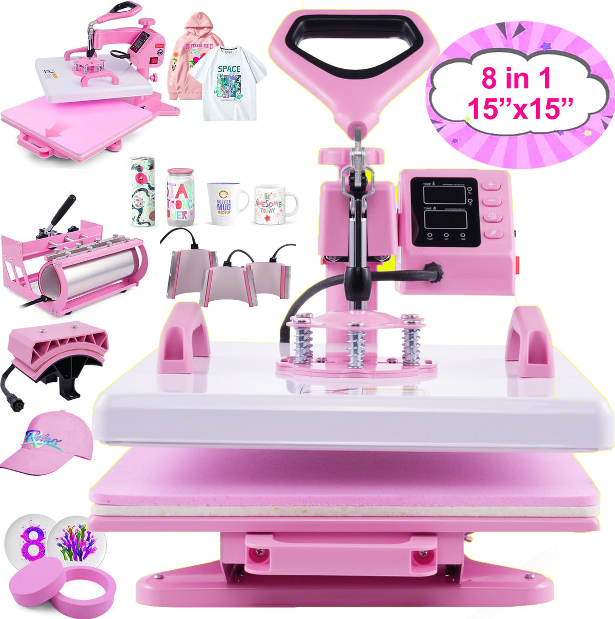 HOMDOX 15"x15" 8-in-1/5-in-1 Heat Press with 30OZ Tumbler Press for T-Shirt/Tumbler/Mug/Hat/Cap/Plate - Slide Out 360° Swing Away Digital Shirt Press Machine, Industrial-Quality Heat Transfer Sublimation