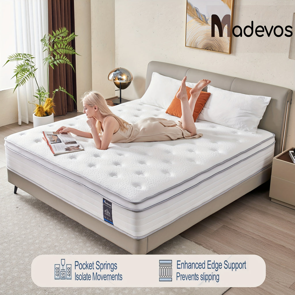 12/14 "Full Queen King Size Memory Foam Mattress - Ergonomic Design, Medium Sturdy Hybrid Mattress, Luxurious Comfort Pocket Spring, White Quilted CoverColchones Para Cama