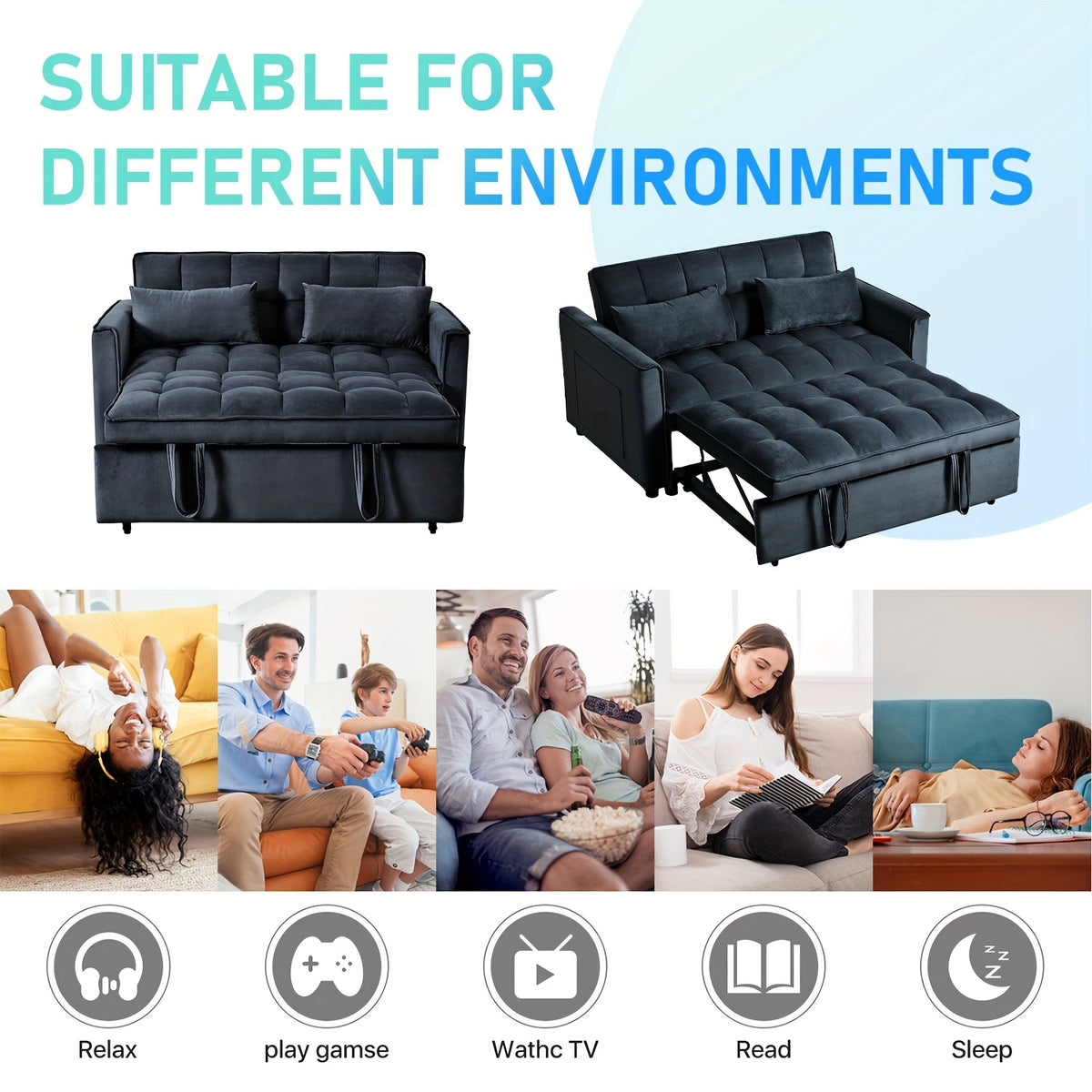 54Inch Black Velvet 3 in 1 Convertible Sleeper Sofa Bed, Futon Couches for Living Room with Side Pocket | Adjustable Backrest | Velvet Fabric | Pull Out Couch | Love-Seat Sofa | Sectional Sofa Bed | 2-Seat Sofa Bed