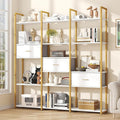Semoic Triple Wide 6 Tiers Industrial Book Shelf with 3 Drawers and Storage Shelves, 73.6" Tall Bookcase with 16 Open Display Shelves, Large Etagere Bookshelf with Metal Frame for Home& Office, Golden