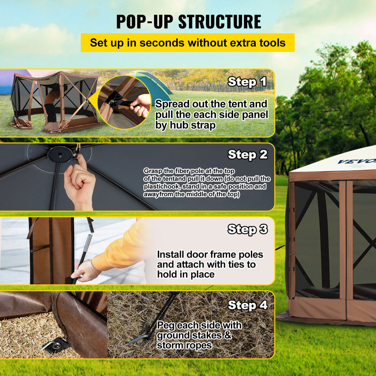 VEVOR Pop-Up Screen Gazebo Tent in 10 ft or 12 ft Sizes for Camping, Picnics and Backyard Gatherings