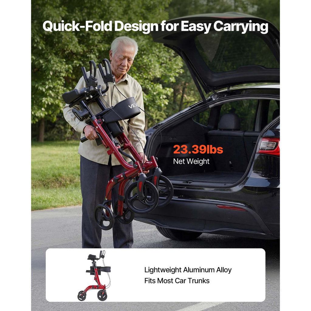 VEVOR Rollator Walker with Seat for Seniors, Foldable Rolling Walker, Lightweight Aluminum Mobility Walking Aid with PVC Solid Wheels, Adjustable Handle, Storage Bag, Cup/Cane Holder - Supports 300LBS