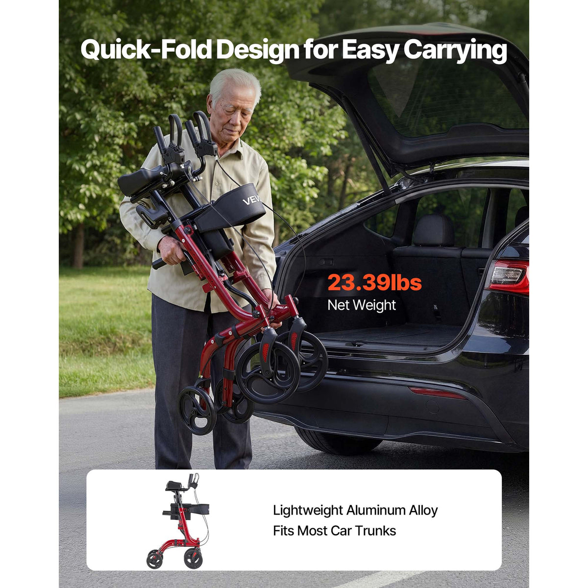 VEVOR Rollator Walker with Seat for Seniors, Foldable Rolling Walker, Lightweight Aluminum Mobility Walking Aid with PVC Solid Wheels, Adjustable Handle, Storage Bag, Cup/Cane Holder - Supports 300LBS