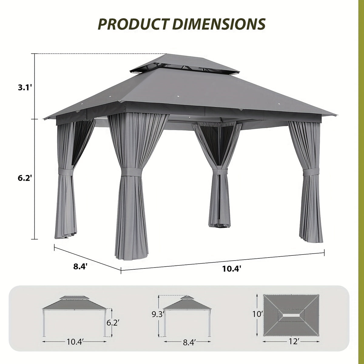 10'x12'/10'x10'/8'x8' Outdoor Gazebo & Pergola for Patio - Double Roof Steel Canopy with Mosquito Net And Privacy Screen, Heavy Duty Party Tent Shelter for Backyard, Lawn, Garden, All-Weather Gazebos with Patio Cover (Grey/Beige/Blue)