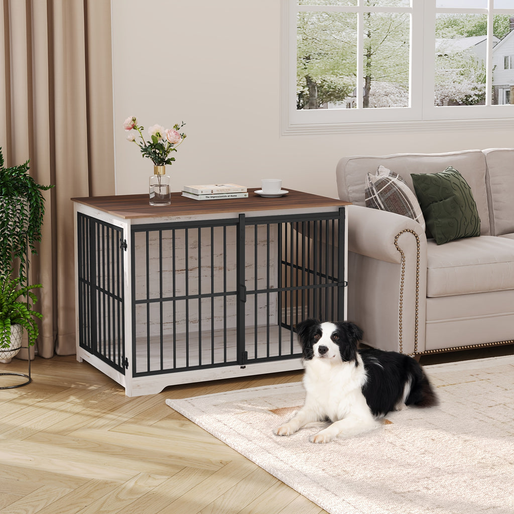 XL Large Dog Crate Furniture, 44.1" Indoor Dog Kennel Furniture with Barn Door, Wooden Tall Dog Crate, Heavy Duty Dog Cage for Large Dogs, Side End Table, Anti-Chew, Rustic Brown, Black, Greige Black, White Brown