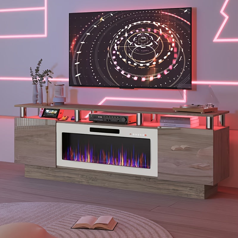 70-Inch Contemporary TV Stand Featuring a 36-Inch Electric Fireplace, Designed As an Entertainment for Televisions Up to 80 Inches, with Modern Wooden Media Storage Cabinets Suitable for The Living Room