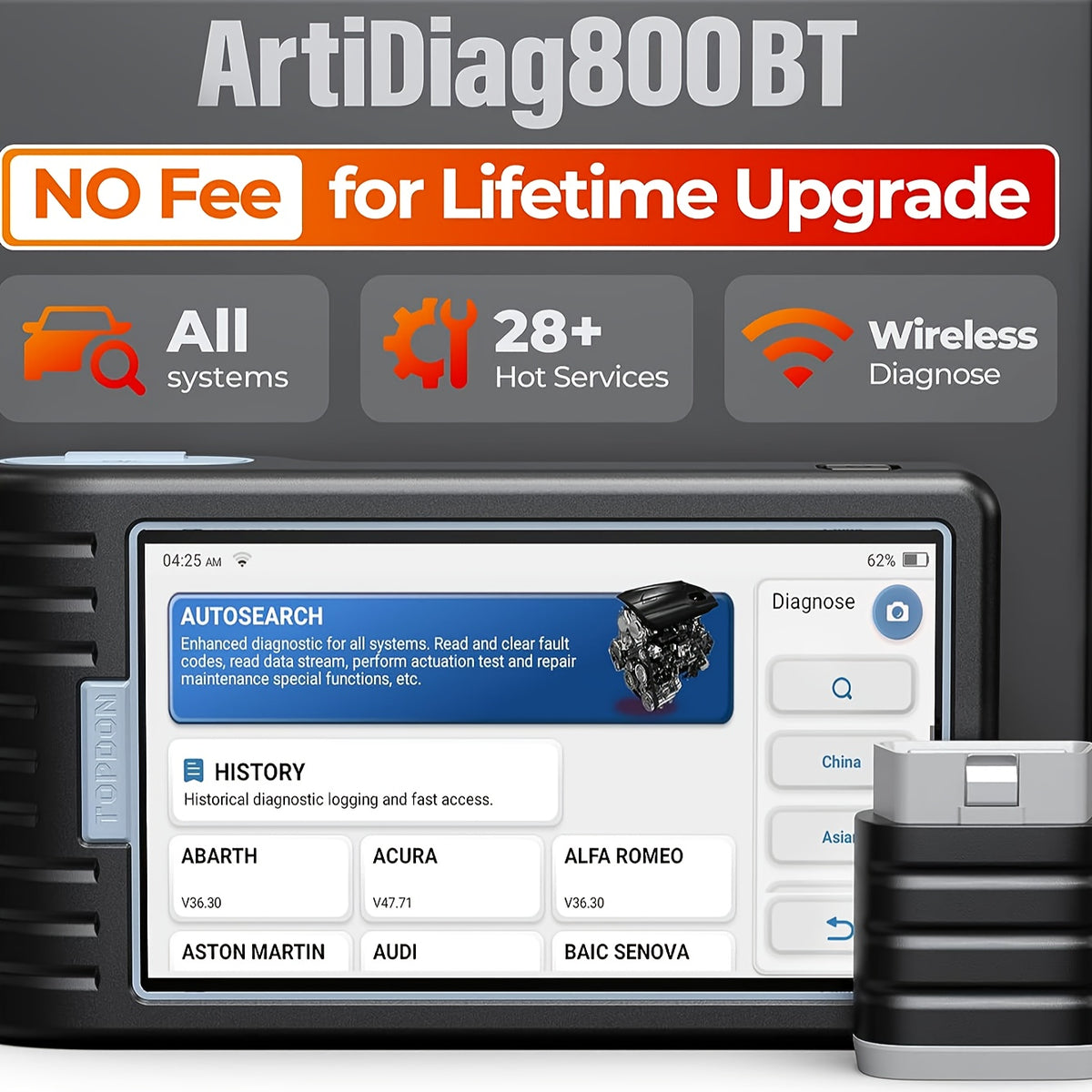 Wireless OBD2 Scanner - AD800BT - Free Lifetime Upgrade - Scan Tool - Automotive Diagnostic Tool - Full System Diagnosis - 28+ Reset Services