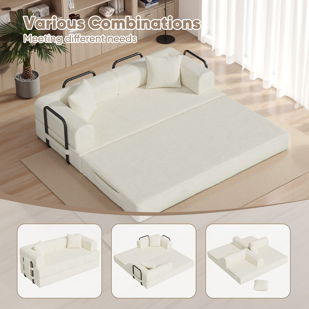 81"Convertible Floor Sleeper Sofa Bed - 3-Person Space-Saving Love Seat with Pull-Out Bed, Corduroy Boneless Compression Memory Foam, Comfy Lounge Couch for Living Room, Bedroom, Apartment, Office, No Assembly Required