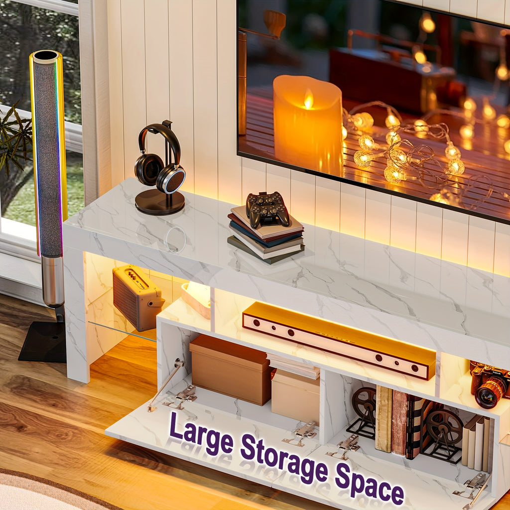 66 Inch White Black Marble TV Stand For 75 Inch TV, LED Gaming Entertainment Center, Glossy TV Console Table With Storage Drawers And Glass Shelves Xbox PS5 Game Console Cabinet For Living Room