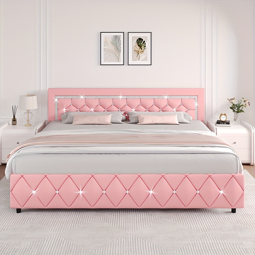 HOMBCK Twin Full Queen King Bed Frame, Padded Platform Bed with Button Tufting Headboard, Princess Platform Bed with Diamond Design, Halloween Decoration, Wooden Strip Support, No Spring Box Needed, Easy to Assemble, Pink/White/Black/Beige