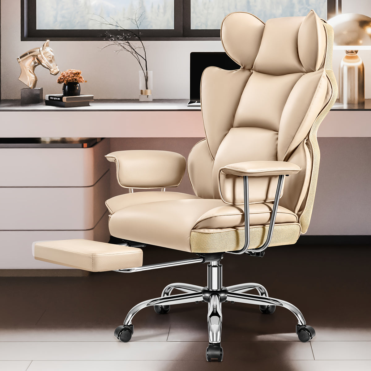 [Ergonomic Office Chair] Actflame Premium Ergonomic Office Chair for Plus-Size Users - Executive High-Back Leather with Enhanced Lumbar Support And Integrated Footrest - Perfect Fit for Spacious Homes And Offices