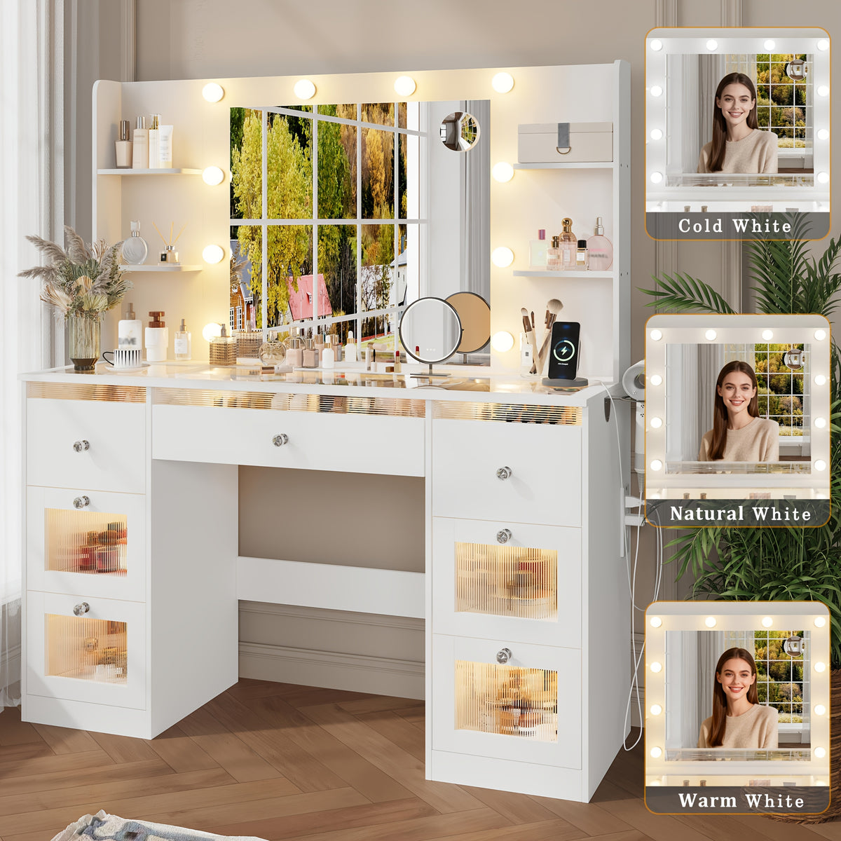 Makeup Vanity with 7 Lighted Drawers & 3-Color LED Mirror, Dressing Table with Glass Top, 4 Shelves for Huge Storage, Light White for Bedroom