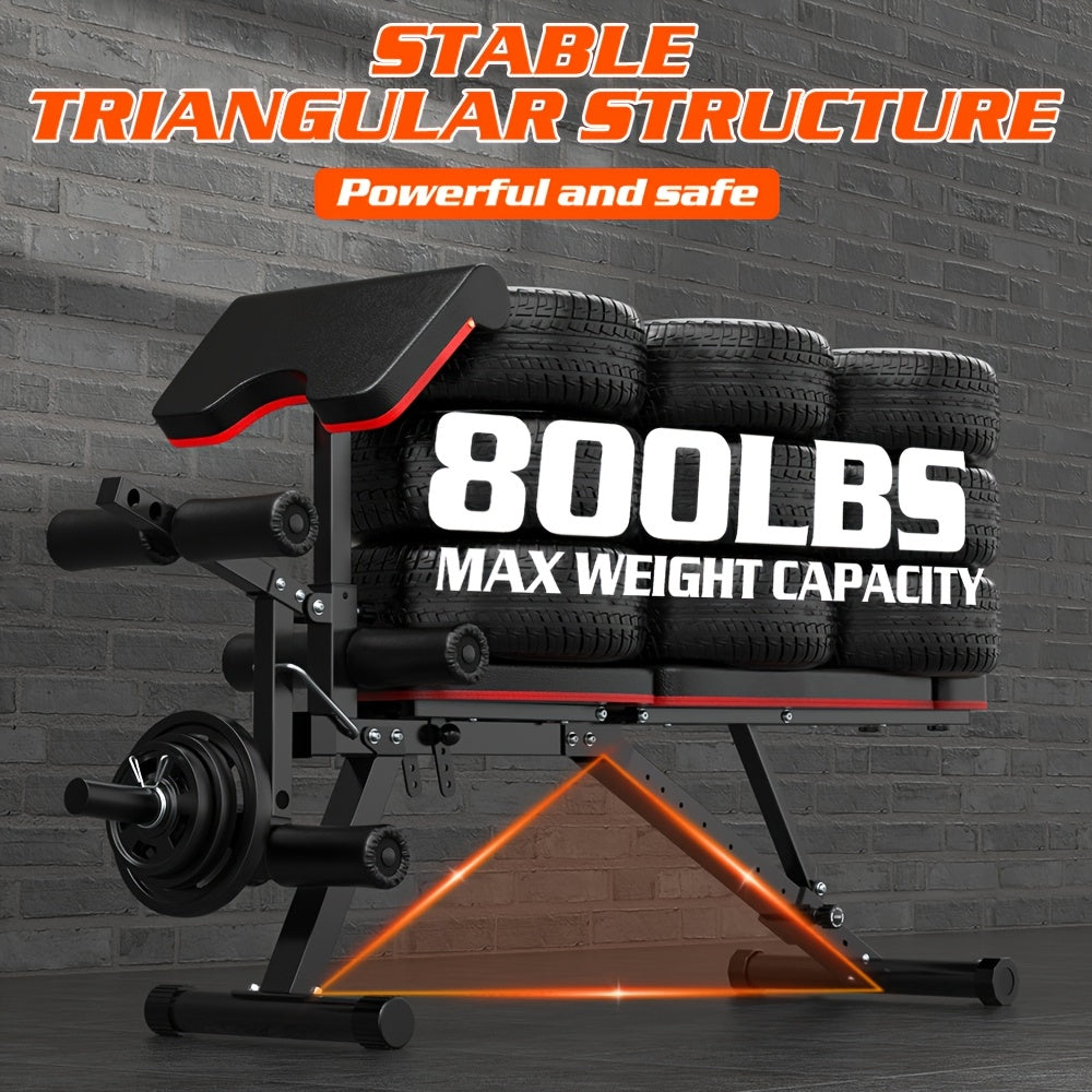 Adjustable & Multifunctional Workout Bench, 800Lbs Weight Capacity, Heavy Duty Weight Bench for Home Gym with Cushion Headrest, Leg Developer, Preacher Curl Pad, Foldable Design Strength Training Bench