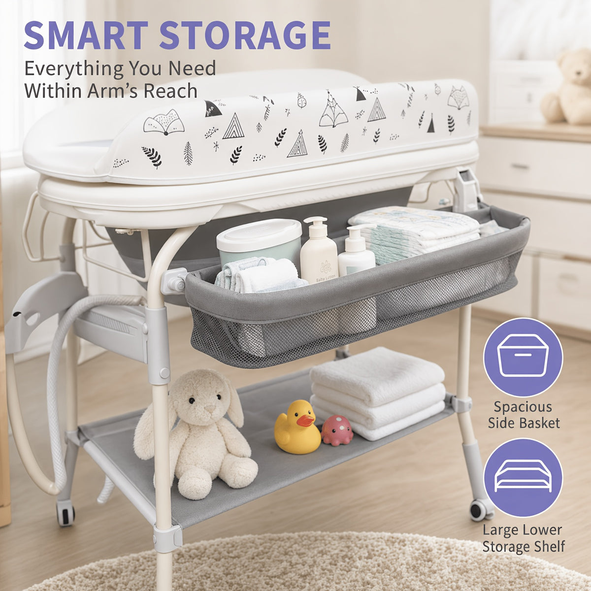 Adjustable 2-In-1 Bathtub with Changing Table, Waterproof Diaper Changing Station Portable Changing Table Adjustable Height Organizer with Storage Racks for Home Furniture