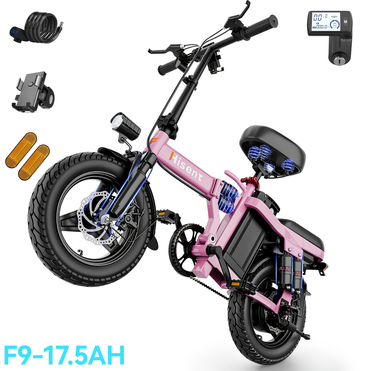 Hisent Foldable Electric Bicycle, Power: 500W Brushless Motor, 48V 10AH/17.5AH Lithium Battery (optional), 12 to 35 Miles Range; Speed: 19.9 MPH, Dual Brakes, LED Headlights, 14-inch Tires, Commuting And School Trips, Stylish Design, Sturdy Structure