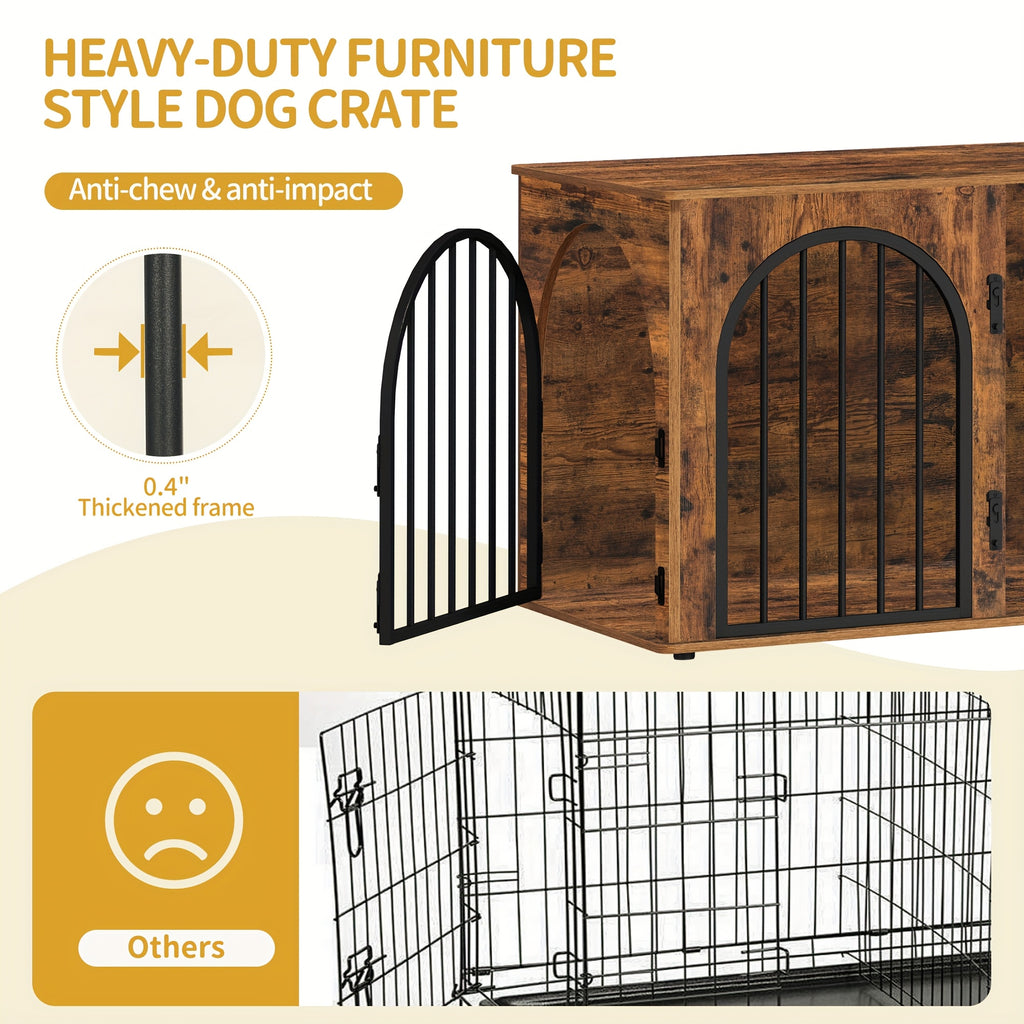 39.4'' Dog Crate Furniture - Dog Kennel Indoor Arched Door Design, Wooden Dog Crate Furniture For Small/Medium/Large Dog, Side Table, TV Stand, Anti-Chew, Anti-Escape - Rustic Brown, Black Gold, Greige Black, White Brown - For Dog Owners - Provides Safe &