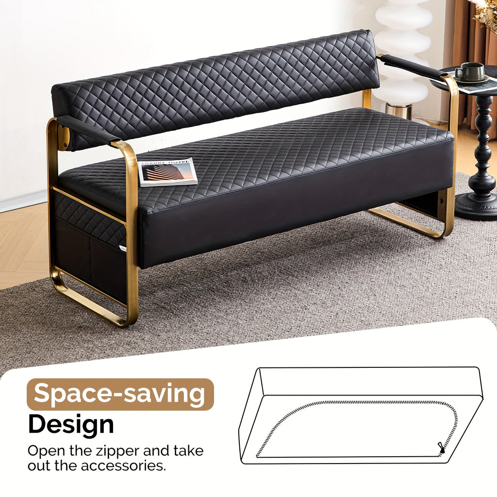 Waiting Room Chairs with Arms, 57. 5''Office Guest Chair Upholstered Bench Seating, Reception Furniture for Beauty Salon Barbershop Airport Bank Hall Room Conference, Black&Gold