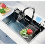 1pc Glam Style Stainless Steel Kitchen Sink with Waterfall Faucet, Self-Rimmed Rectangle Single Bowl, Varnished Finish, Undercounter Mounting, Right Drain, Hydraulic Powered, 22 Inch, No Battery Required, Fruit Washing Station | Sleek Rectangular Sink | S