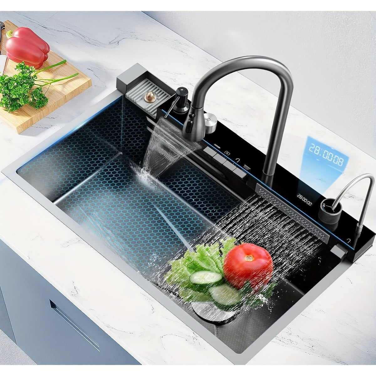 1pc Glam Style Stainless Steel Kitchen Sink with Waterfall Faucet, Self-Rimmed Rectangle Single Bowl, Varnished Finish, Undercounter Mounting, Right Drain, Hydraulic Powered, 22 Inch, No Battery Required, Fruit Washing Station | Sleek Rectangular Sink | S