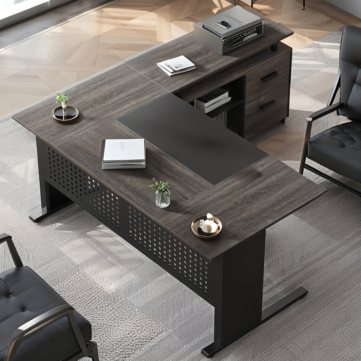 62.99" L Shaped Desk with Drawers And Storage, Farmhouse Computer Desk with File Drawers, Corner Executive Desk with Open Shelves for Home Office
