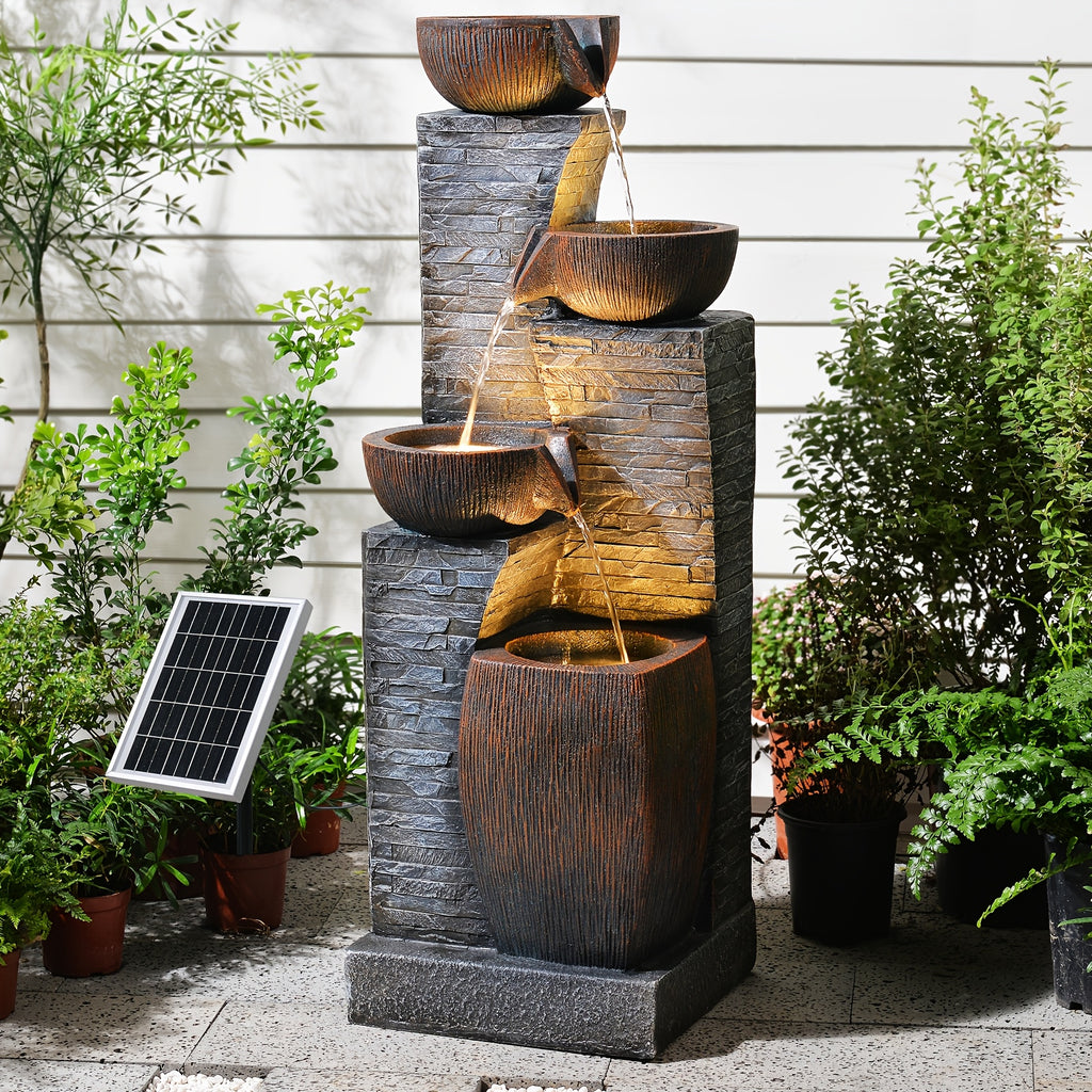 Solar Outdoor Water Fountain, 38.2-Inch 4-Tier Cascading Bowls and Stacked Stones with LED Lights