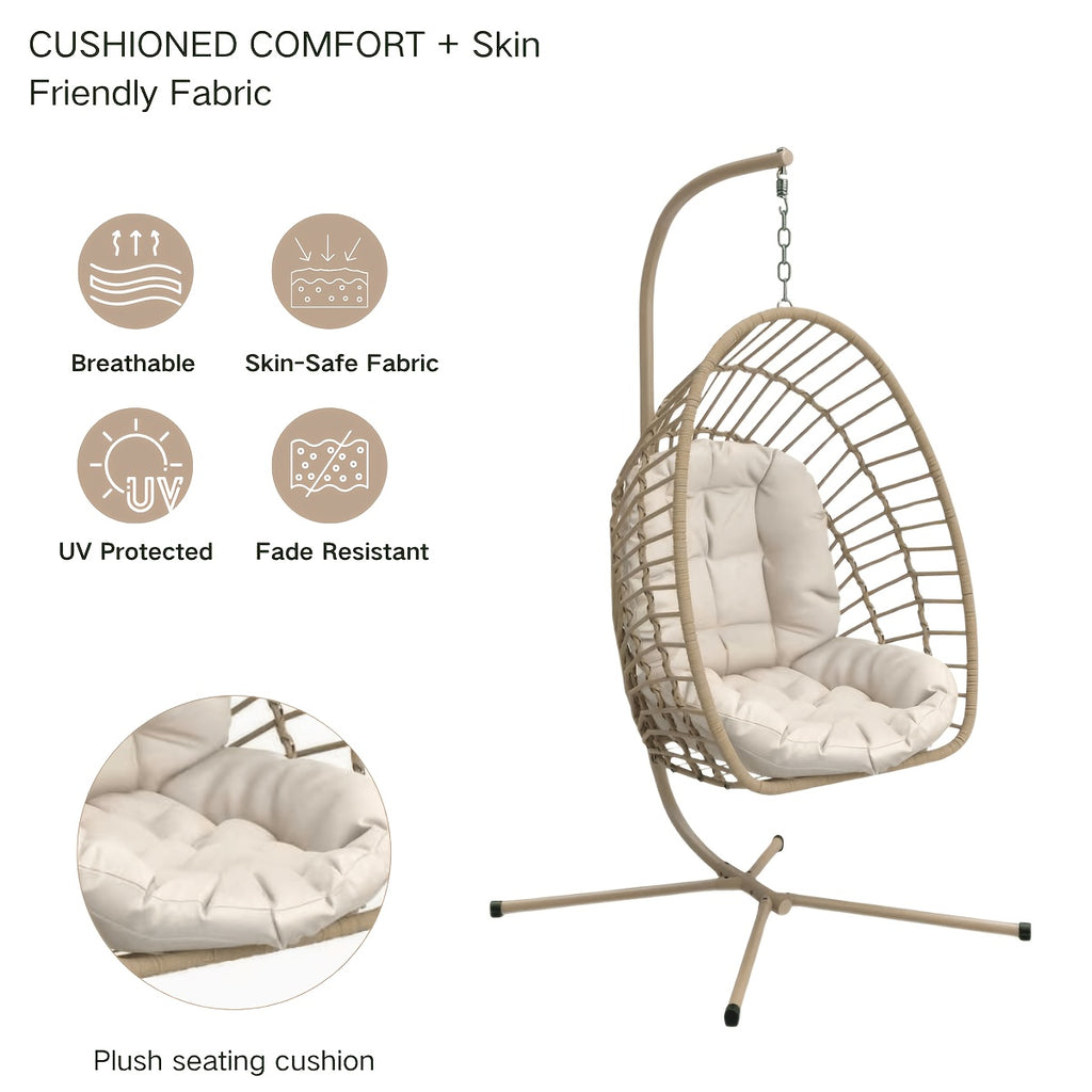 Hanging Egg Chair with Stand Only for Outdoor, Foldable Rattan Wicker Hammock Egg Swing Chair for Porch Patio Garden, 350LBS Capacity, Beige