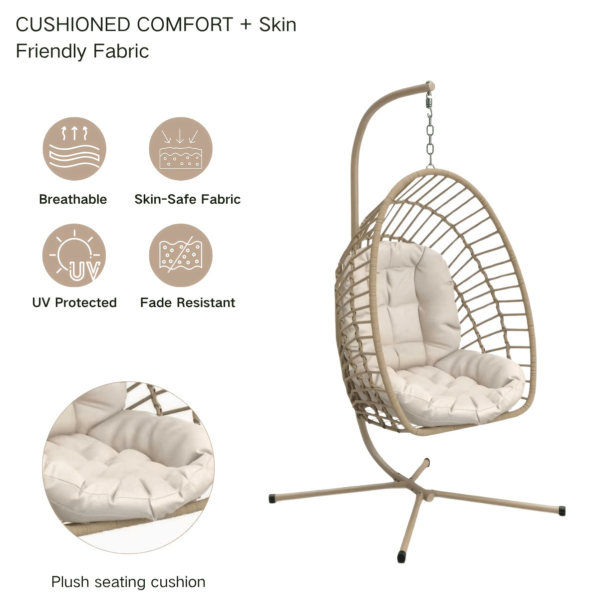 Hanging Egg Chair with Stand Only for Outdoor, Foldable Rattan Wicker Hammock Egg Swing Chair for Porch Patio Garden, 350LBS Capacity, Beige