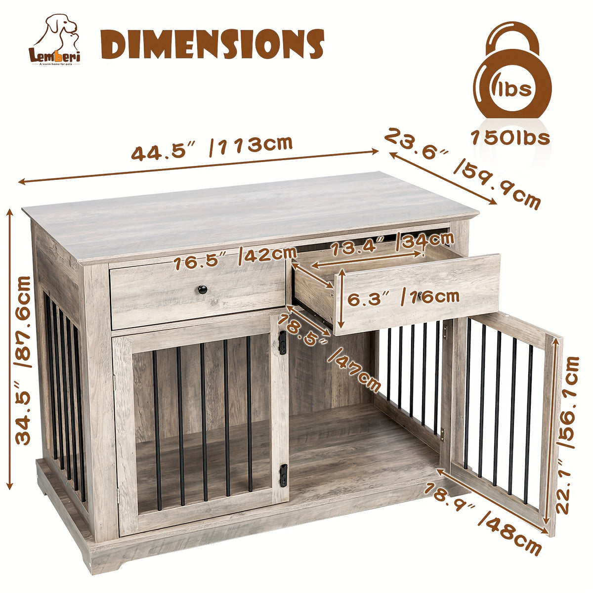 44 Inch Large Dog Crate Furniture, Wooden Dog Kennel End Table With Storage Drawers, Decorative Pet Crates Dog House Indoor For Dogs