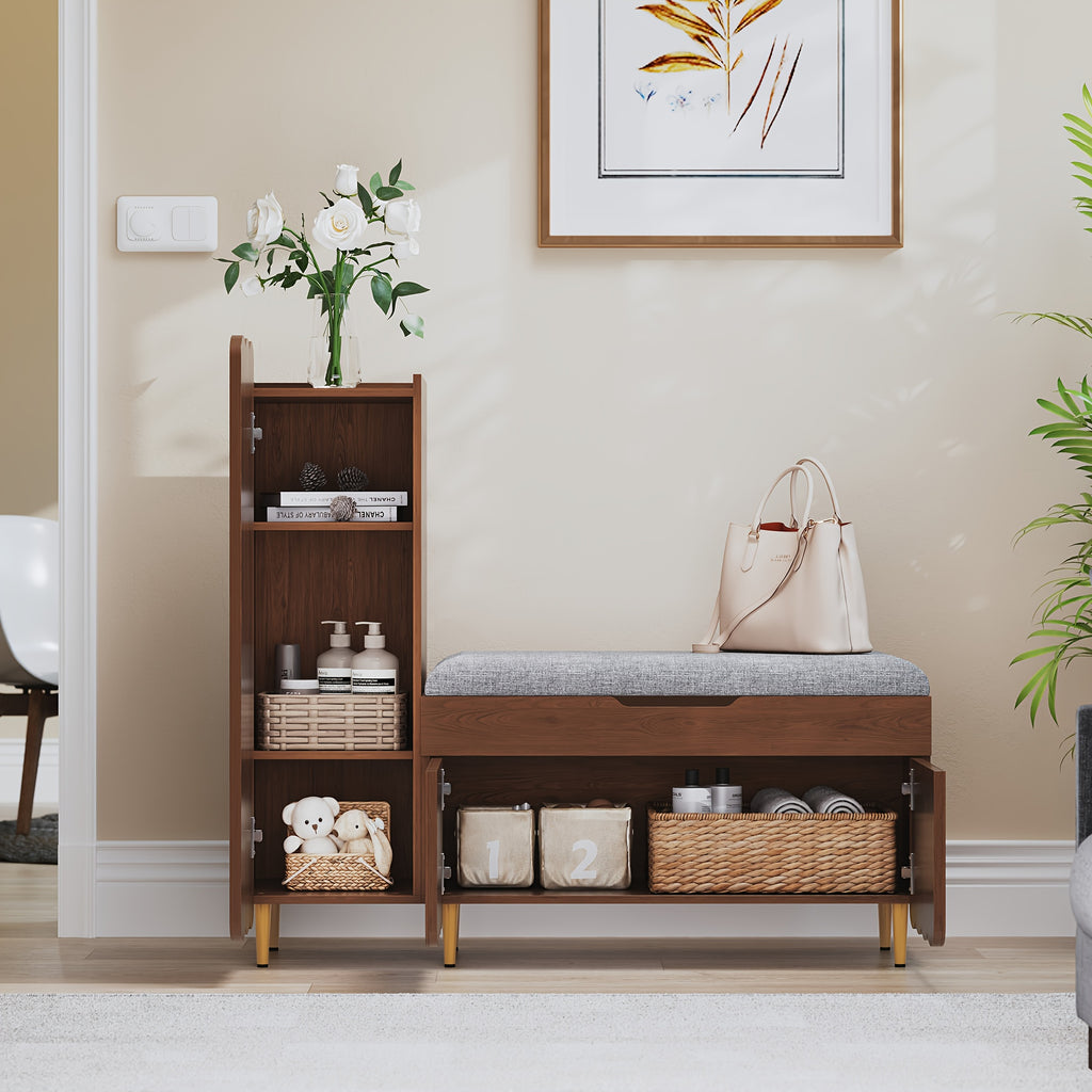 Shoe Organizer Cabinet, Entryway Bench With Adjustable Shelves And Cushioned Seat, Unique L-Shaped Bench Cabinet For Entryway