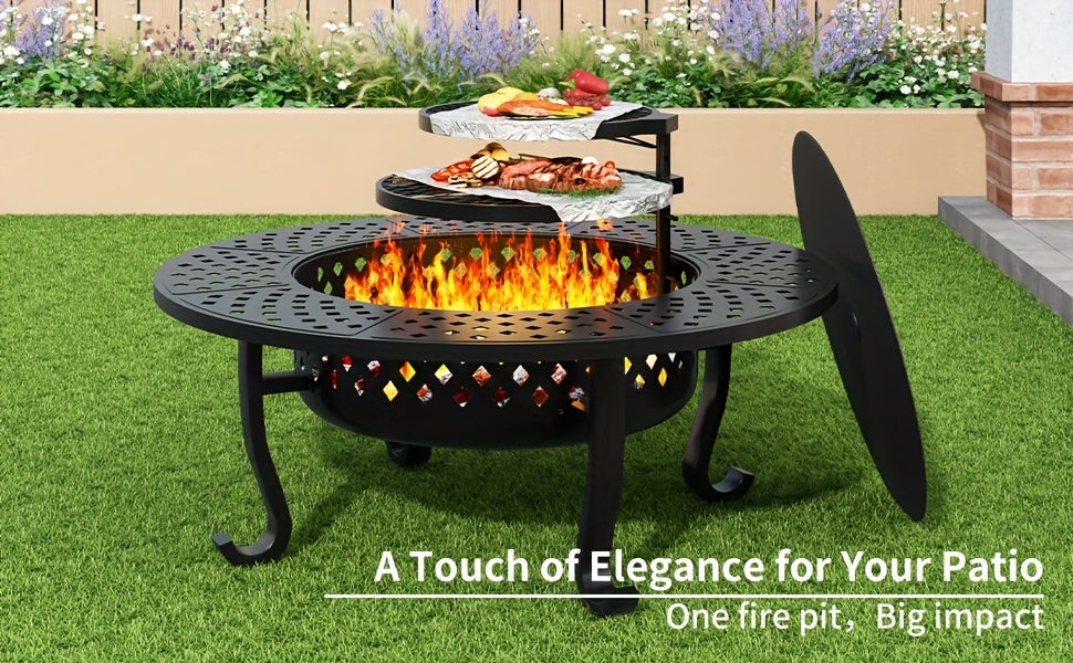 43 Inch Fire Pit with 2 Grills, Outdoor Wood Burning Firepit with Lid, Metal Round Table for Backyard Patio Garden Picnic Camping Bonfire