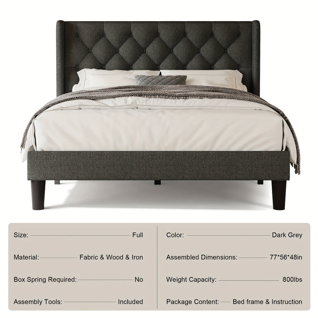 Valnase Modern Style Platform Bed Frame with 24"H Button Tufted Headboard, Solid Wood Slats Support, Artistic Legs Design - Dark Grey/Light Grey/Black Linen & White Velvet Options, Bed Frame for Home Bedroom