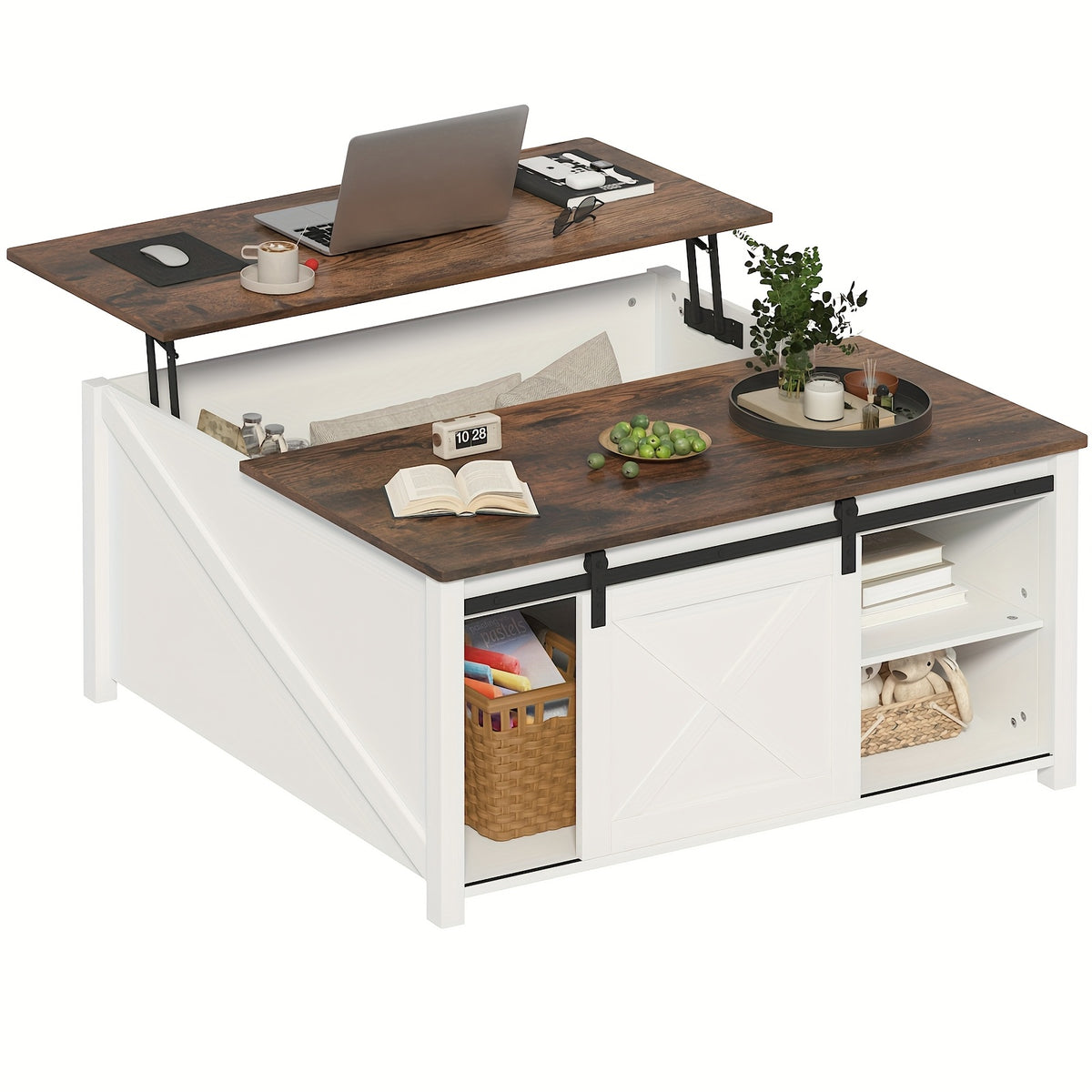 Lift Top Coffee Table with Storage, Square Wood Coffee Tables with Large Hidden Storage Compartment and Adjustable Shelves, Multi-Function Farmhouse Coffee Table for Living Room, Bedroom and Home Office