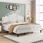 WEEWAY Full/Queen/King Bed Frame with Velvet Adjustable Tiara Curved Headboard And High Resilience, Upholstered Diamond Button Tufted Platform Bed with Wood Slats/No Box Spring Needed/Noise Free/Black/Dark Grey