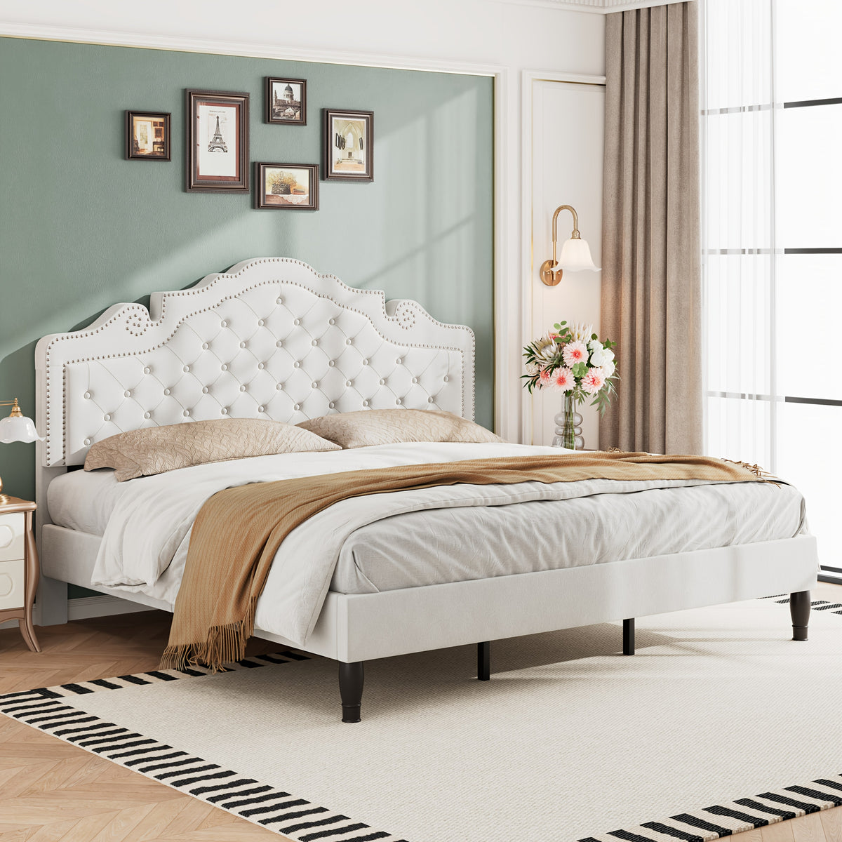 WEEWAY Full/Queen/King Bed Frame with Velvet Adjustable Tiara Curved Headboard And High Resilience, Upholstered Diamond Button Tufted Platform Bed with Wood Slats/No Box Spring Needed/Noise Free/Black/Dark Grey