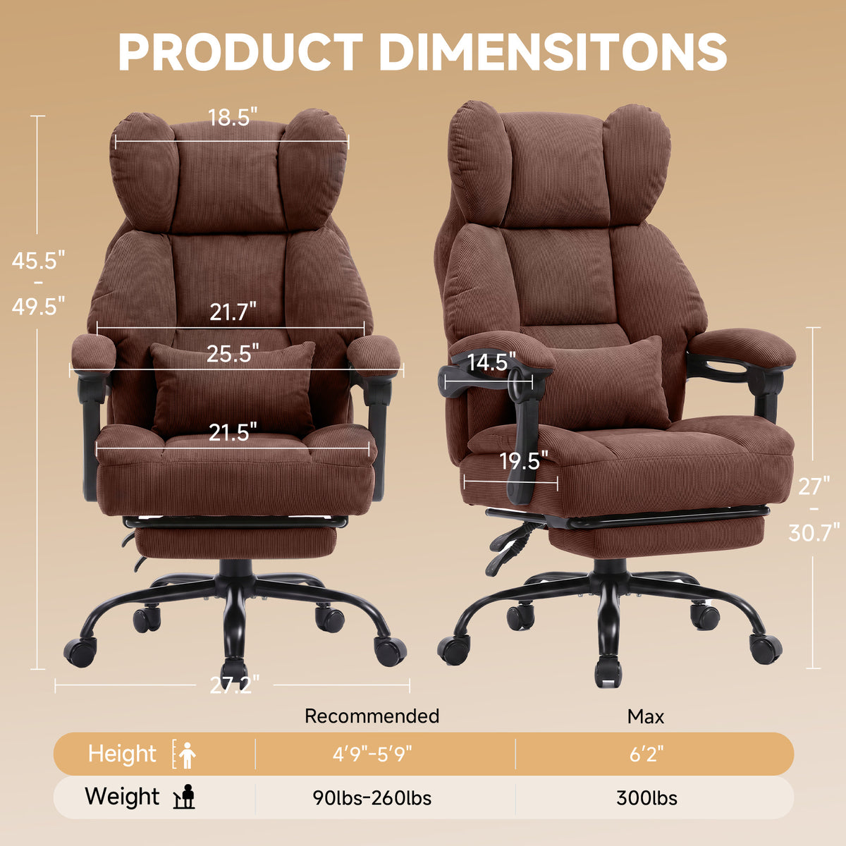 Ergonomic High Back Office Chair with Linkage Widened Armrest, Big&Tall Executive Office Chair, Gaming Chair, Thick Pocket Spring Wide Seated Cushion, Desk Chair with Retractable Footrest for Adults, Faux Leather/Corduroy/Fabric, OC-305