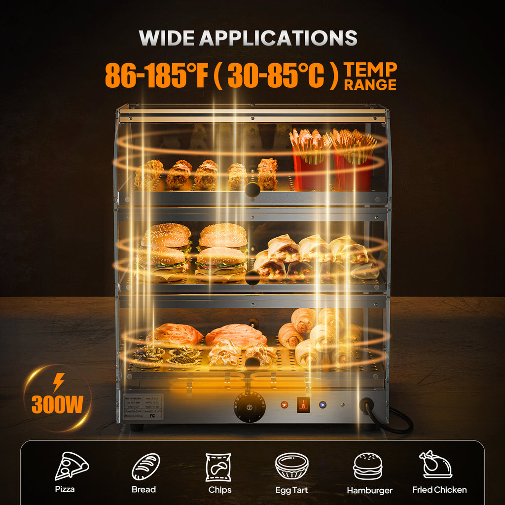 2-Tier Food Warmer Pizza Warmer Countertop, Food Warmer Display Pretzel Warmer with LED Lighting Front and Rear Doors, Electric Catering Hot Box Acrylic for Buffet Restaurant Cafe